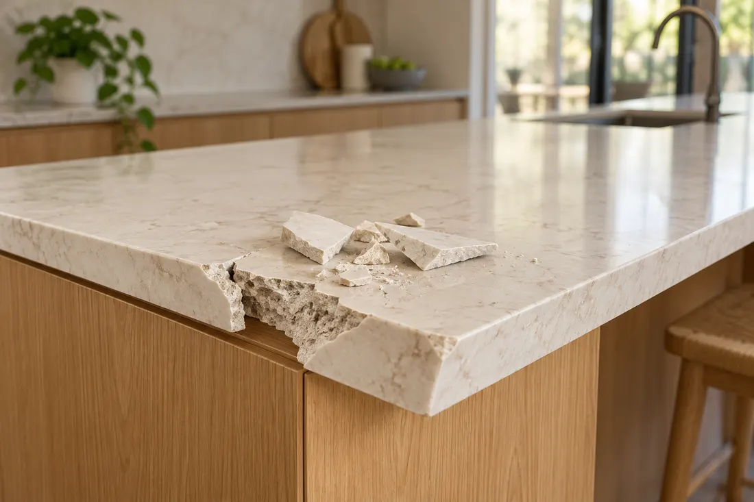 Damaged stone benchtop corner with chips and fragments awaiting repair
