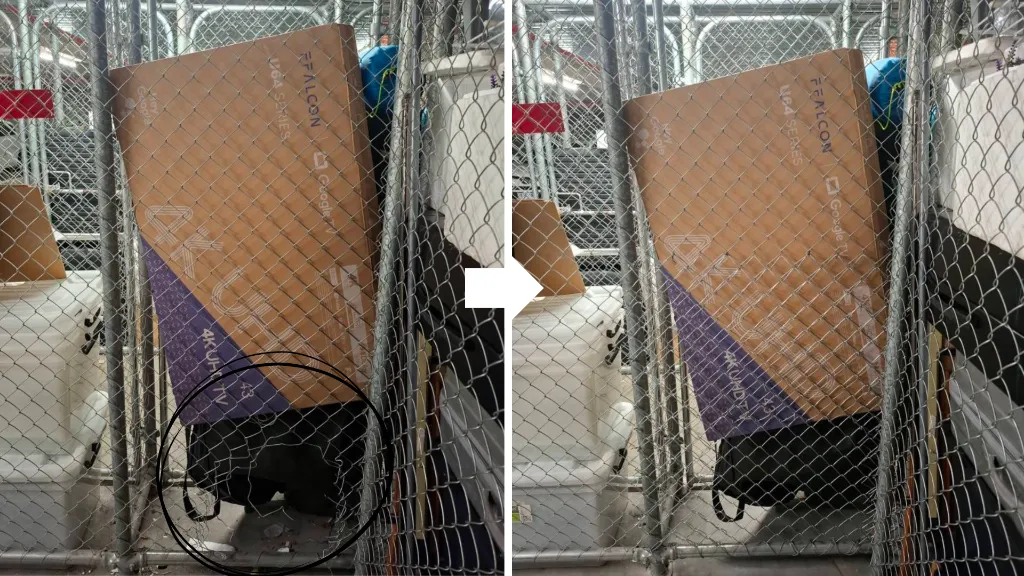 Before and after of a damaged storage cage wire mesh panel repaired with galvanised mesh